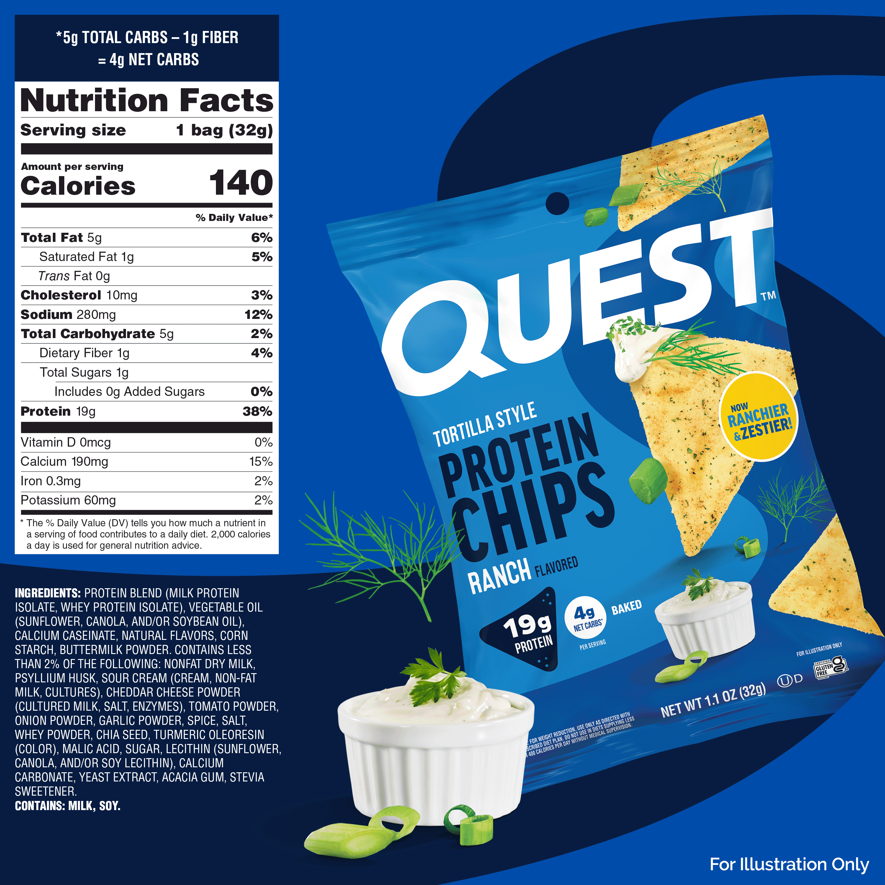 (4 pack) Quest Tortilla Style Protein Chips with 19g of Protein, Ranch Flavor, 1.1 Oz, Single