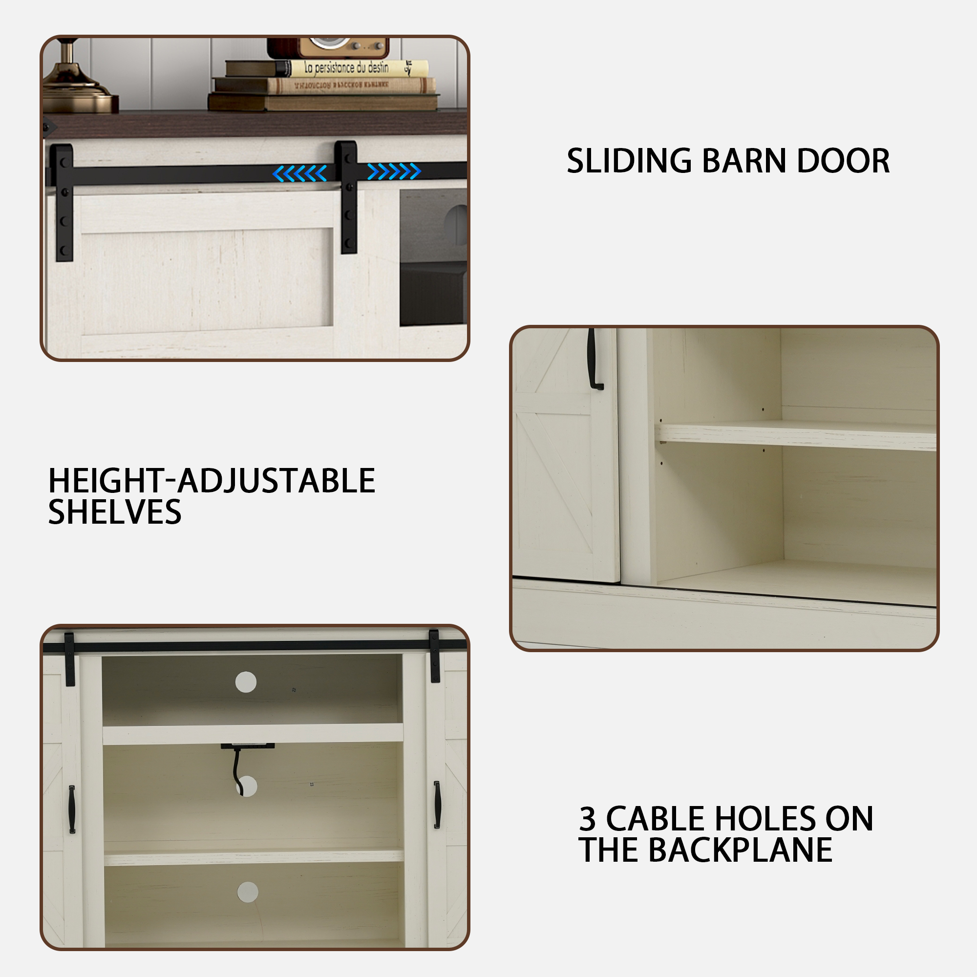 Chvans 66" Farmhouse TV Stand with Sliding Barn Doors & Charging, White photo 6