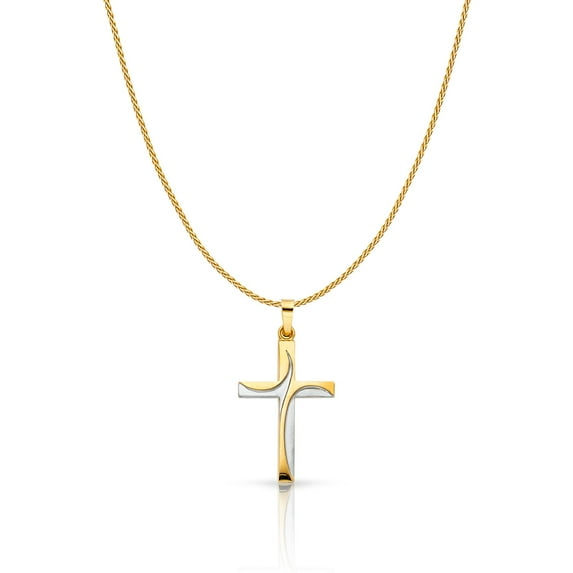 14K Two Tone Solid Gold Cross Charm Pendant with 0.9mm Wheat Chain Necklace - 22"