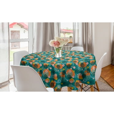Tropical Round Tablecloth, Flowers Abstract Motifs Monstera in Colorful Arrangement Print, Circle Table Cloth Cover for Dining Room Kitchen Decor, 60", Teal Marigold, by Ambesonne