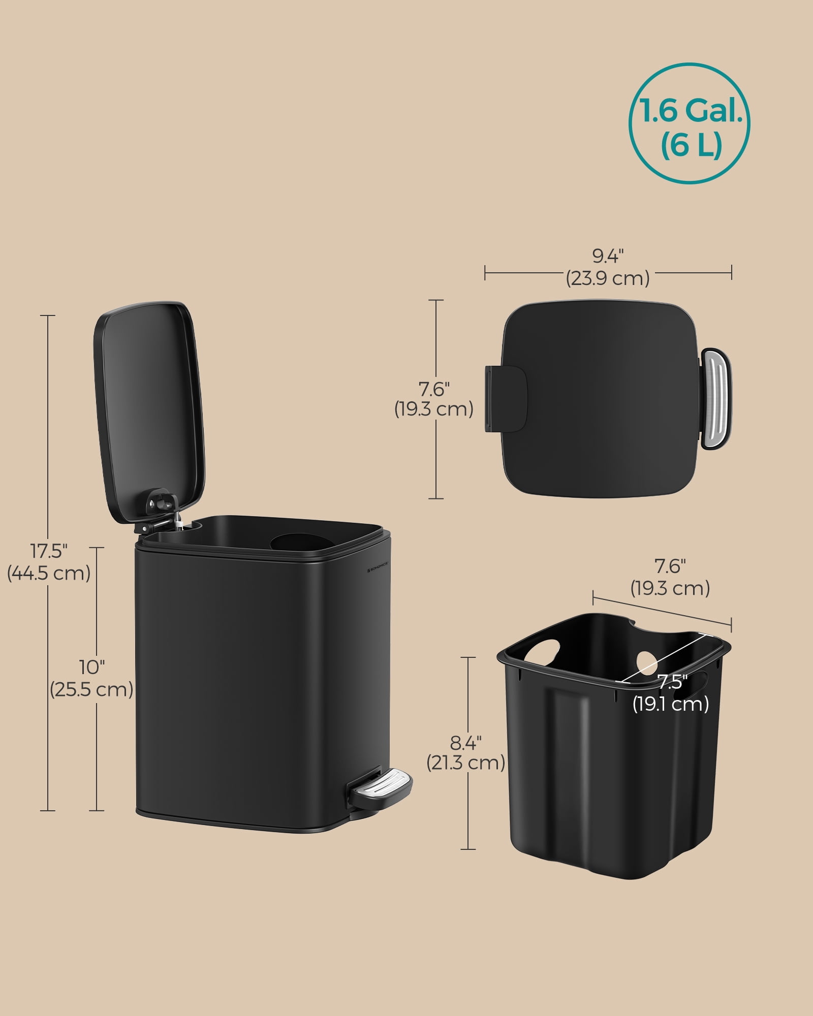 SONGMICS Dog Poop Trash Can, 1.6-Gallon (6 L) Outdoor Garbage Can with Lid, Soft Close, Stainless Steel with Inner Bucket, Ink Black