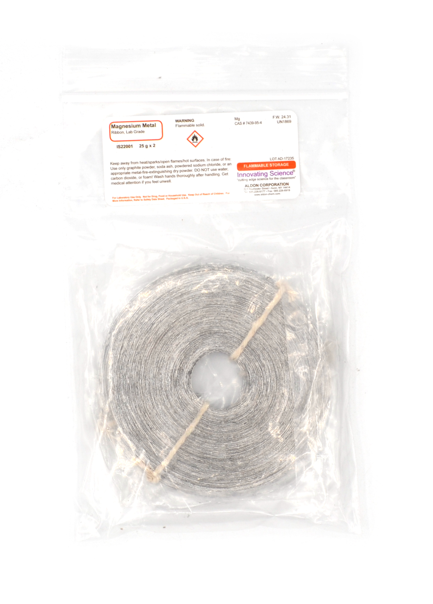 Laboratory-Grade Magnesium Ribbon, 50g, (2) 25g Pieces - The Curated Chemical Collection