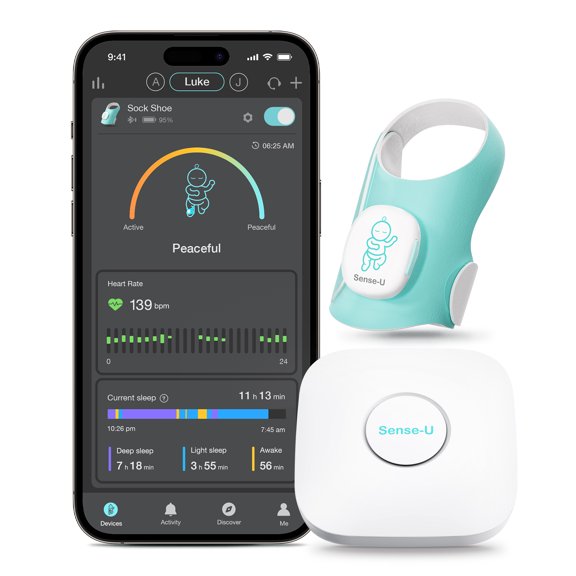 Sense-U Chaussette-Chaussure Intelligente pour Bébé Moniteur pour Bébé, Suivi des Schémas de Sommeil, Fréquence Cardiaque, Mouvement pour la Tranquillité d'Esprit, Moniteur de Pied pour Nourrisson pour un Meilleur Sommeil