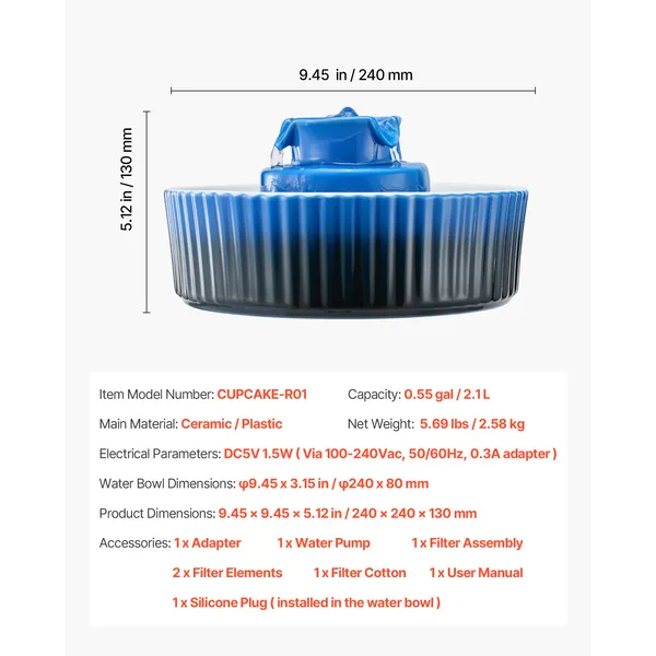 Ceramic Cat Water Fountain 2.1L Cupcake Design with Ultra-Quiet Pump,360° Drinking Area,Multi-Layer Filtration for Cats and Dogs(Blue)