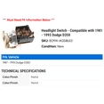 thumbnail image 2 of Headlight Switch - Compatible with 1981 - 1993 Dodge D350 1987 1988 1989 1990 1991 1992, 2 of 2