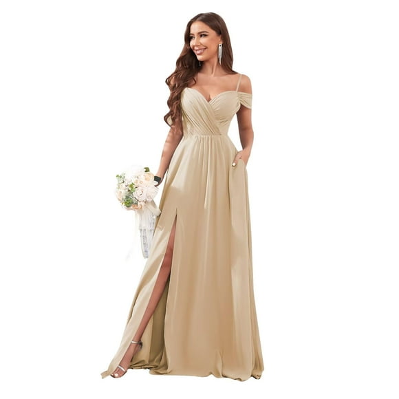 Vestido de dama de honor Sukleet Champagne con hombros descubiertos y chifón
