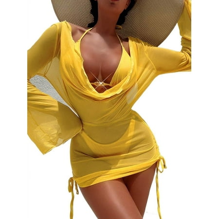 Womens Solid Color Halter Strap Sexy Bikini Set With Cover Up Dress  Bathing Suits Swimsuits For Women
