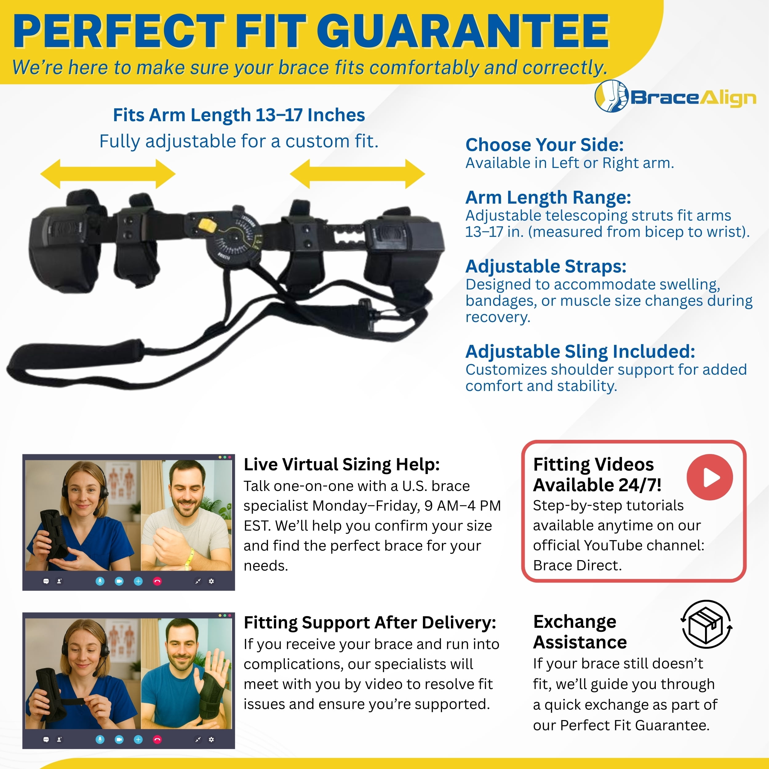 Brace Align FlexRecover Hinged ROM Elbow Brace with Sling – Adjustable Post-Op Elbow Support