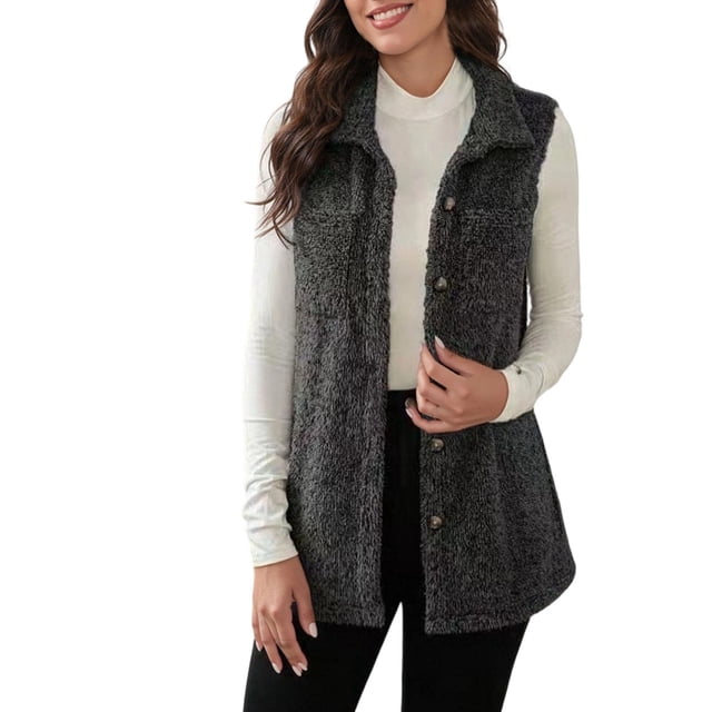 Gilet en Molleton pour Femmes, Gilet en Peluche à Manches Longues Double Face pour Femmes, Gilet Décontracté Chaud à Col en V pour Superposition en Automne et en Hiver