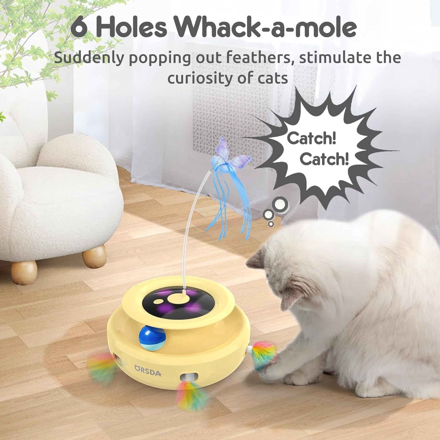 ORSDA 3-in-1 Cat Toys Rechargeable, Interactive Cat Toys for Indoor Cats Automatic Kitten Toy, Moving Ambush Feather, Fluttering Butterfly Toy, Track Balls, Whack a mole Cat Teaser with 9 Attachments