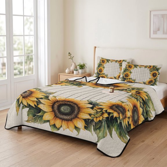 3 Piece Summer Bed Quilt Set Queen Size,Vintage Watercolor Sunflower Plaid Lightweight Bedspread Coverlet with 2 Pillowcases Floral Leaves on Linen Soft Comforter Bedding Quilts for All Season