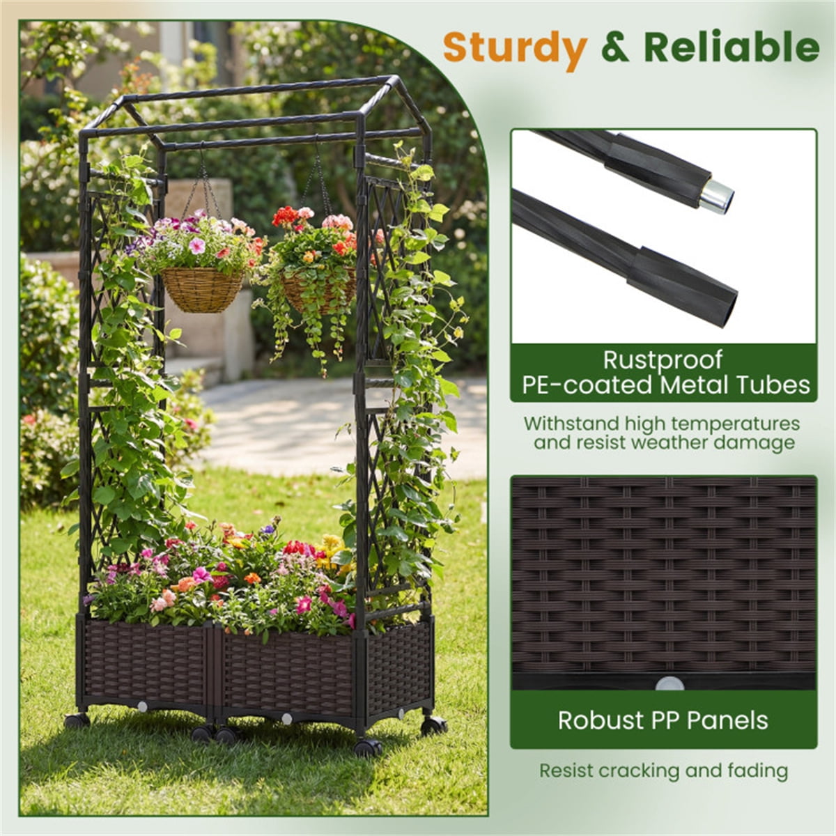 5.5 FT Raised Garden Bed with Trellis Self-Watering Planter Boxes with Lockable Wheels, 2 Configurations Vertical Garden Planter for Patio Balcony