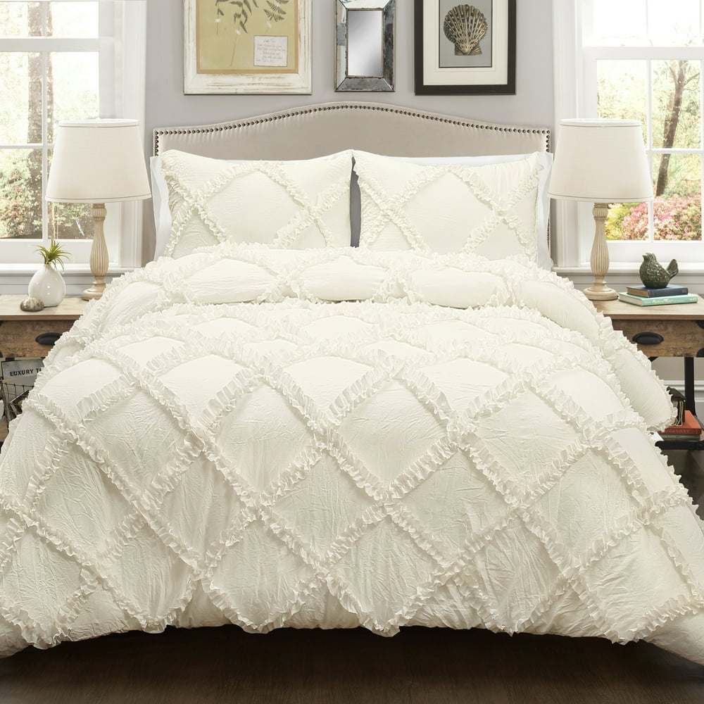 Lush Decor Ruffle Diamond Polyester Comforter, King, Ivory, 3Pc Set