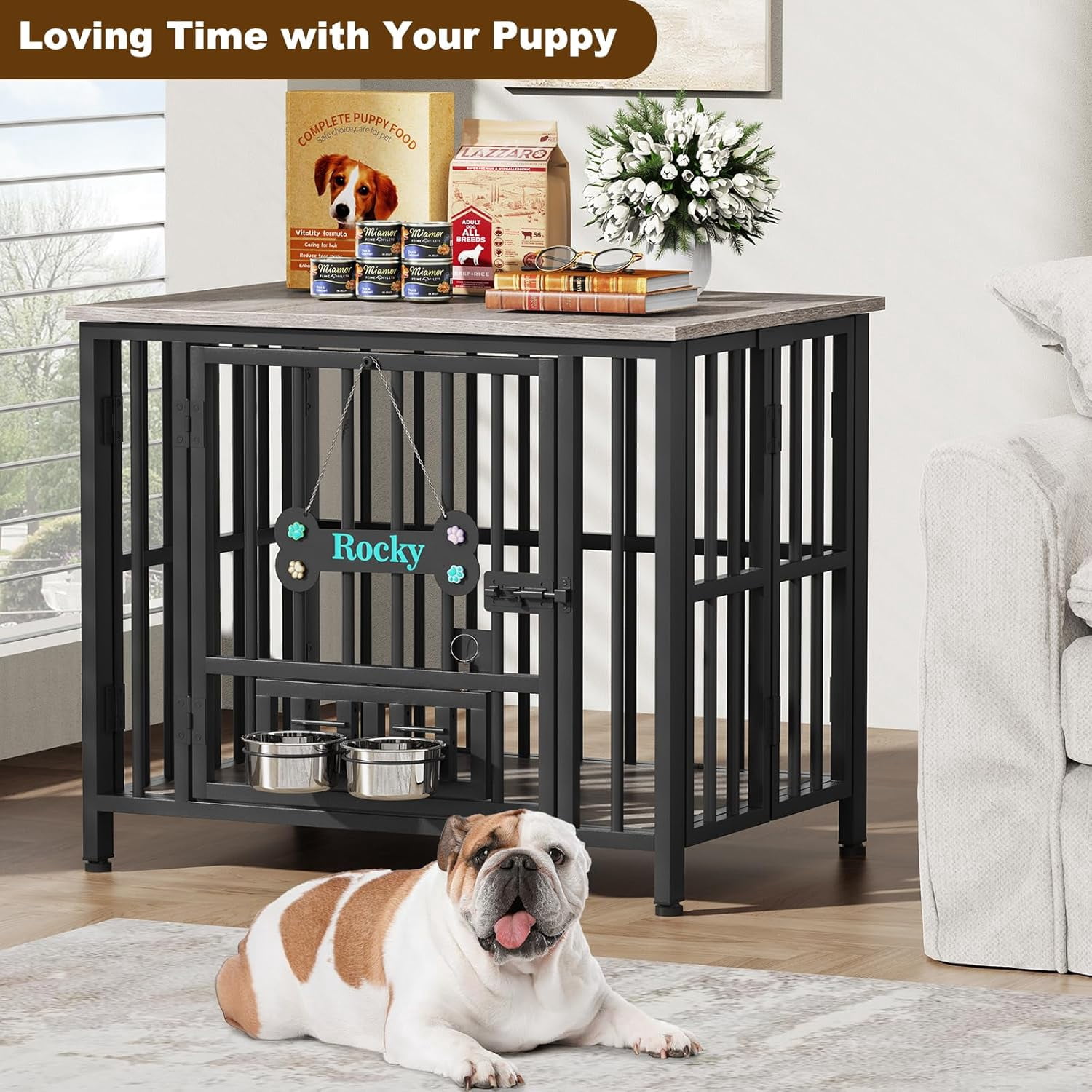 POAO 31"Dog Crate Furniture Foldable, No Assembly Dog Kennel Indoor for Medium Dogs(20-35 lb), Dog Cage with Adjustable Bowls &Name Tag, End Table