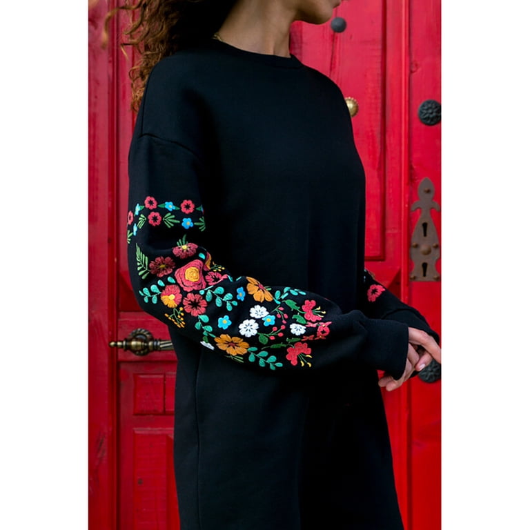 embroidered sweatshirt dress Drop Waist Sweatshirt Dress-Bluejay Embroidery