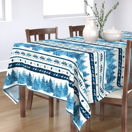 

Cotton Sateen Tablecloth 70 x 144 - Blue Christmas Stripes Pine Trees Bears Deer Turquoise White Table Cloth Navy Ice Plaid Print Custom Table Linens by Spoonflower
