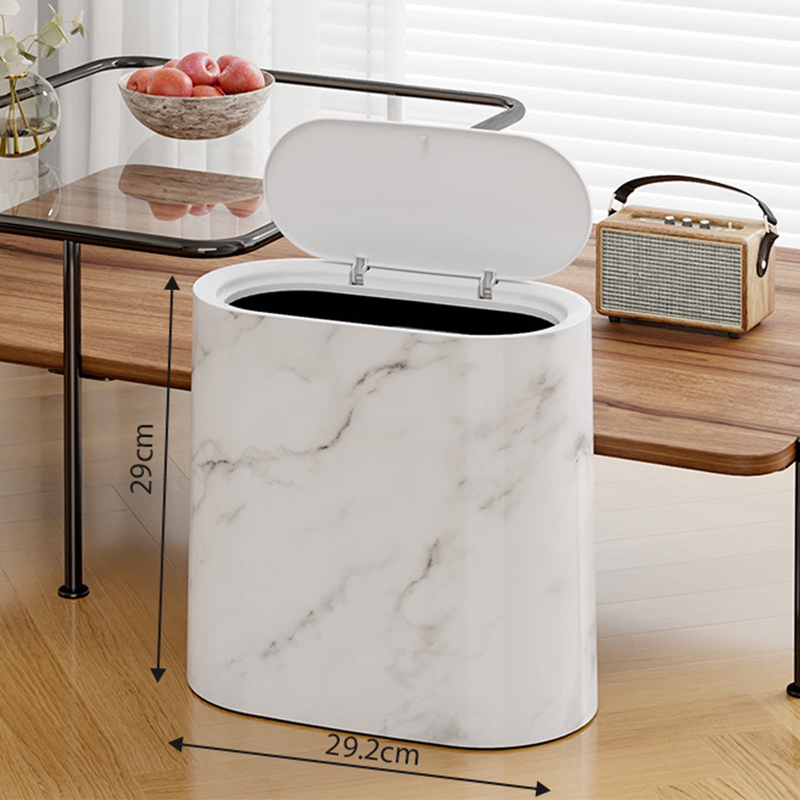 Bathroom Cans with Lids, Marble Wood Pattern Can, Detachable Inner, Small Garbage Bin with Press Type Lid, Narrow Wastebasket for Bathroom Home Indoor Hotel,White/2Pack