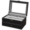 Watch Box Large 24 Men's Black Leather Display Glass Top Jewelry Case Organizer