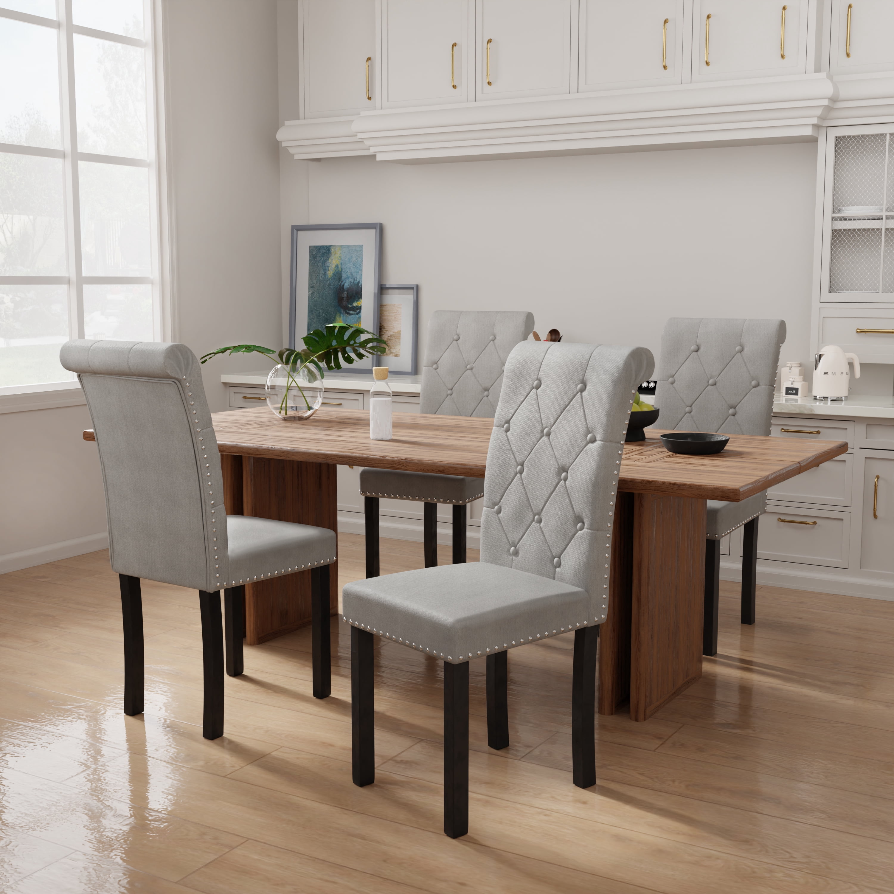 DONICK Rolled-Up High-Back Upholstered Dining Chairs With Tufted Solid Wood Legs Nailhead Trim For Home,Restaurant,Dining Room(Gray,Set of 6)