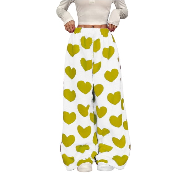 Women's Casual and Fashionable Printed Elastic Waist Loose Wide Leg Pants with Plush Lining for Winter and Lounge Wear,Yellow,XL