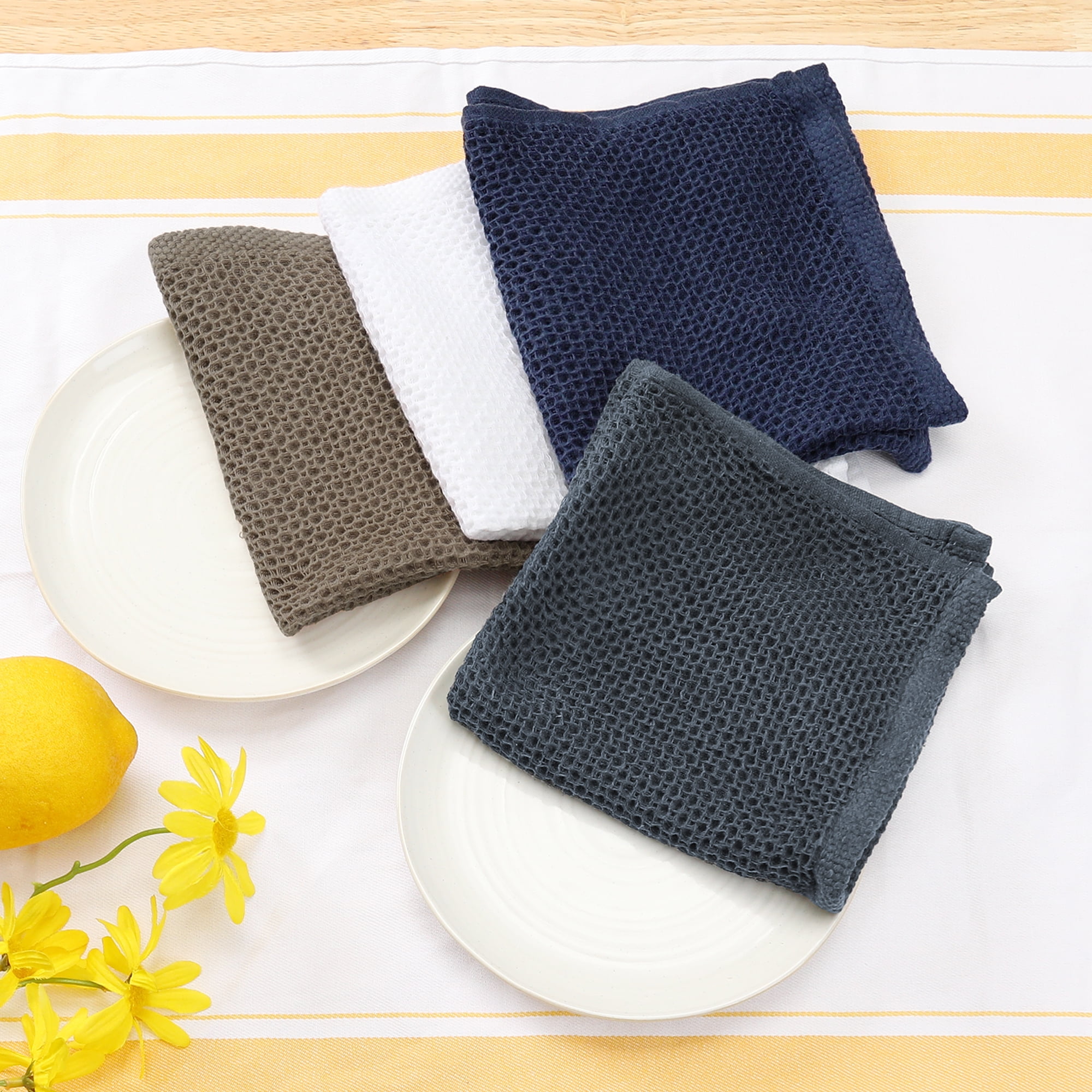Unique Bargains 12 Pcs Cotton Absorbent Double-Sided Waffle Weave Kitchen Dish Towels Grey/White 12 Pack