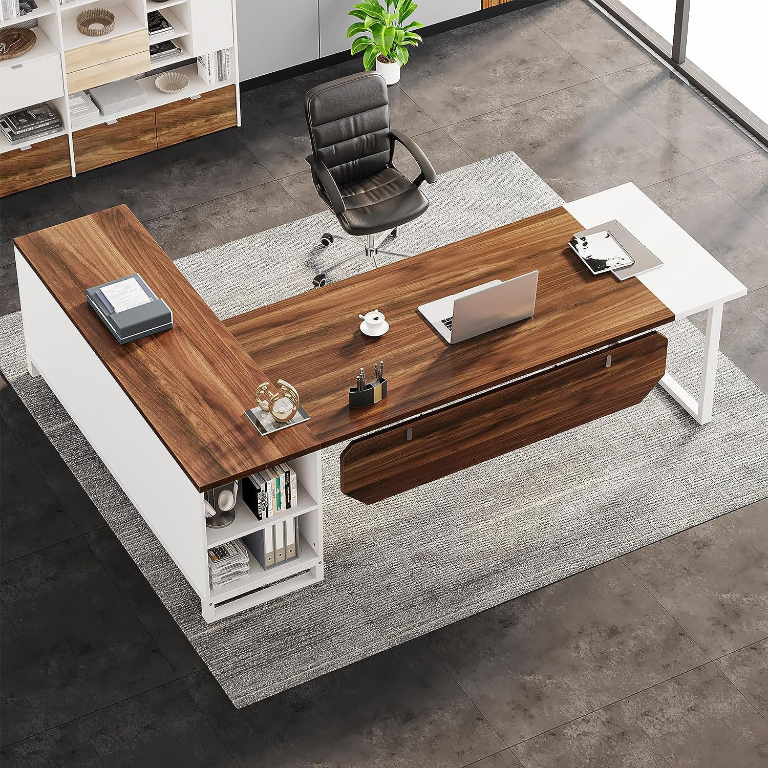 Tribesigns 70.8" L-Shaped Executive Desk with 55" File Cabinet, Large Home Office Computer Desk with Storage Shelves and Cabinet, Modern Business Furniture Set Home Office Workstation, Walnut White