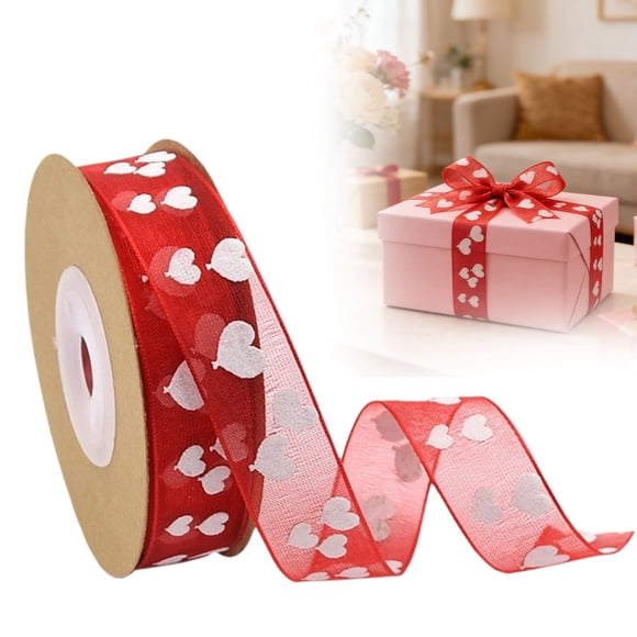 Heart Print Wired Ribbon,Polyester Craft Wrapping Ribbon for DIY Wedding Gift and Event Decoration,1 Roll,H,1PC