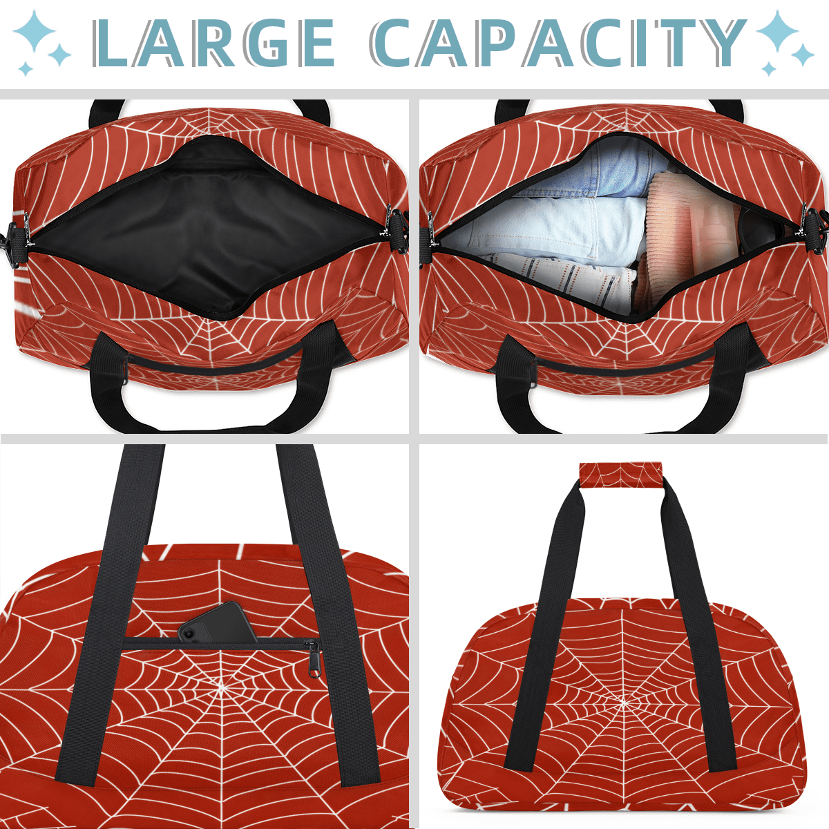 Herdesigns Spiders Web Sports Duffle Bag for Women & Men, Red Gym Bag Dance Bag Overnight Bag Carry On Weekender Travel Bag