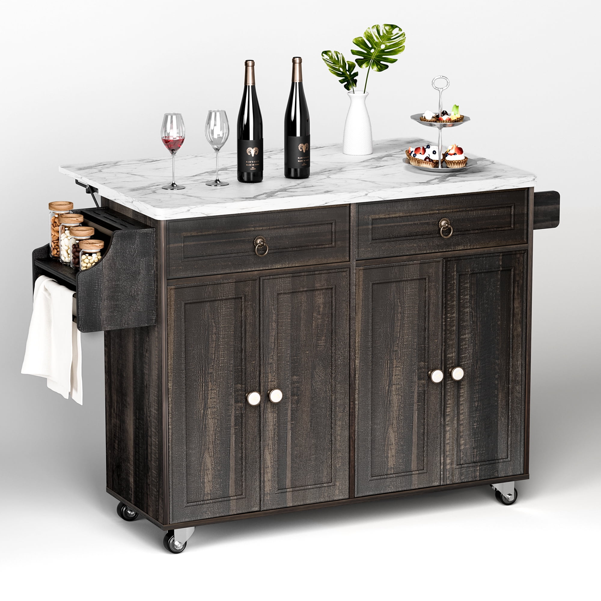 Farmhouse Kitchen Island Cart with Foldbale Tabletop and Power Outlet, Portable Rolling Kitchen Island with Locking Wheels, Spice Rack & Storage Cabinet, Retro Brown