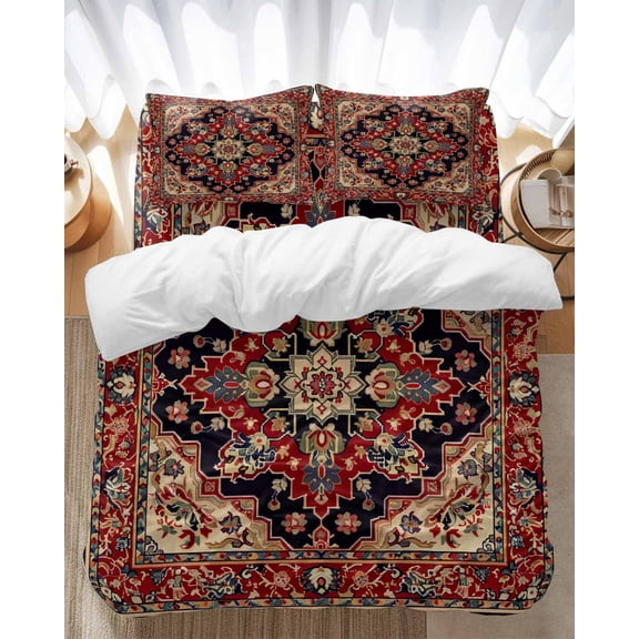 Red Vintage Bedding Duvet Cover Set King Size 4 Pieces Floral Pattern Ethnic Style Soft Twill Plush Quilt Cover, Include 1 Duvet Cover 1 Flat Sheet And 2 Pillow