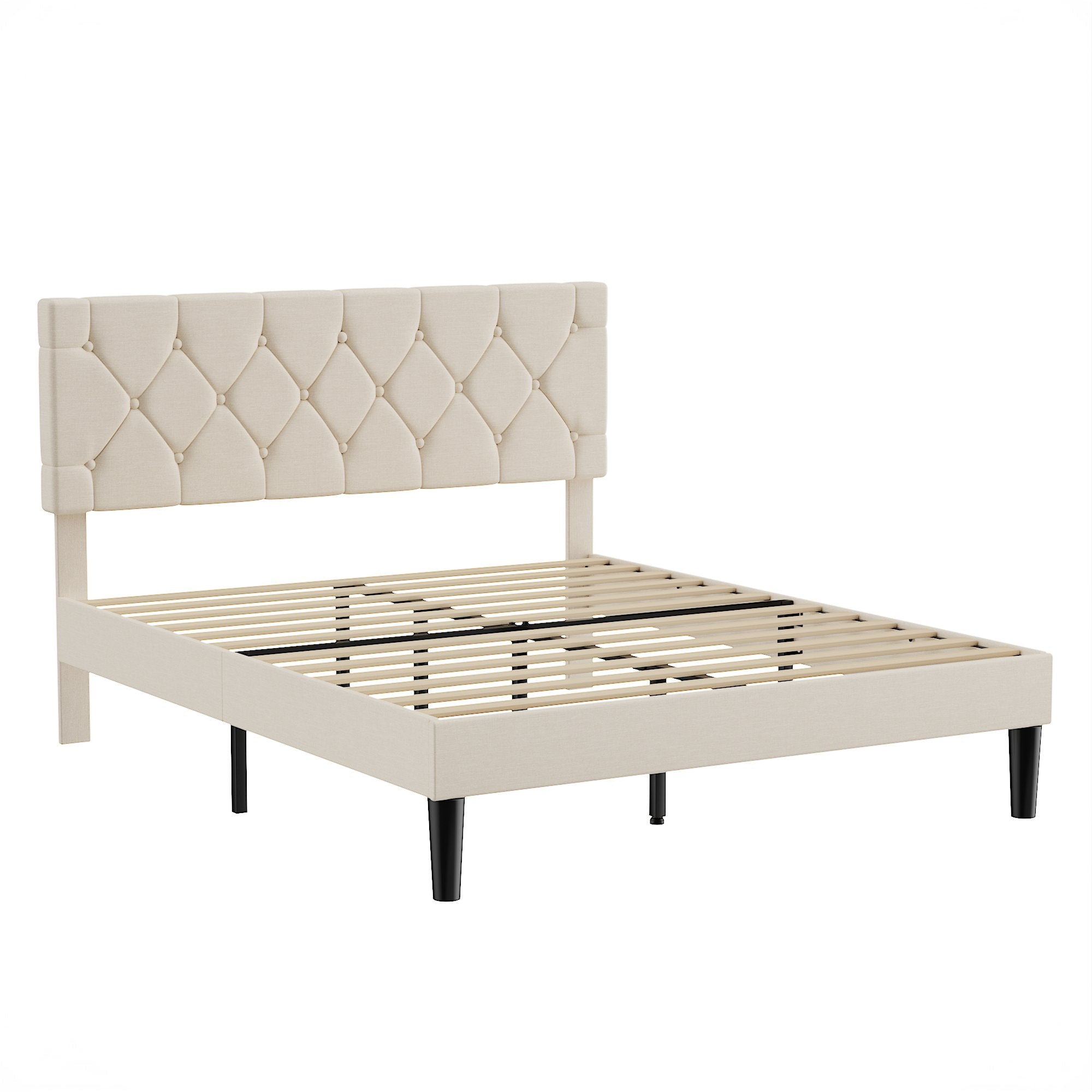 VECELO Queen Size Platform Bed Frame Upholstered Beds with Height-Adjustable Linen Button Tufted Headboard, Bed Frame, Beige