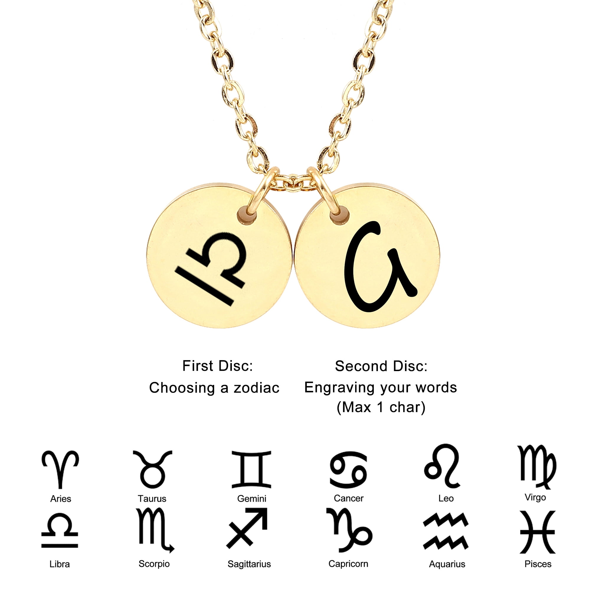 Personalized Round Constellation Initial Necklace - Engraved Zodiac Symbol Jewelry - Christmas Gift for Her - Stainless Steel - 18" Chain - Gold Libra