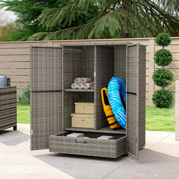Outsunny Wicker Outdoor Storage Cabinet, Pool Towel Storage Cabinet, Grey