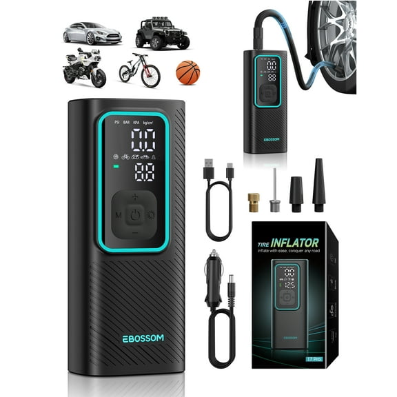 EBOSSOM Cordless Portable Tire Inflator Air Compressor, 150 PSI Mini Car Air Pump,12V DC cigarette lighter, Pressure Gauge, Cordless Tire Inflator Rechargeable with Display & LED