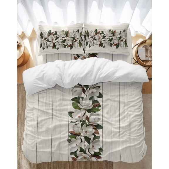 Retro Magnolia Bedding Duvet Cover Set Twin Size 4 Pieces Flower Leaf Classic Beige Wood Grain Texture Bedding Set with Zipper Closure, 1 Comforter Cover 68x86 Inches 1 Flat Sheet & 2 Pillow Cases