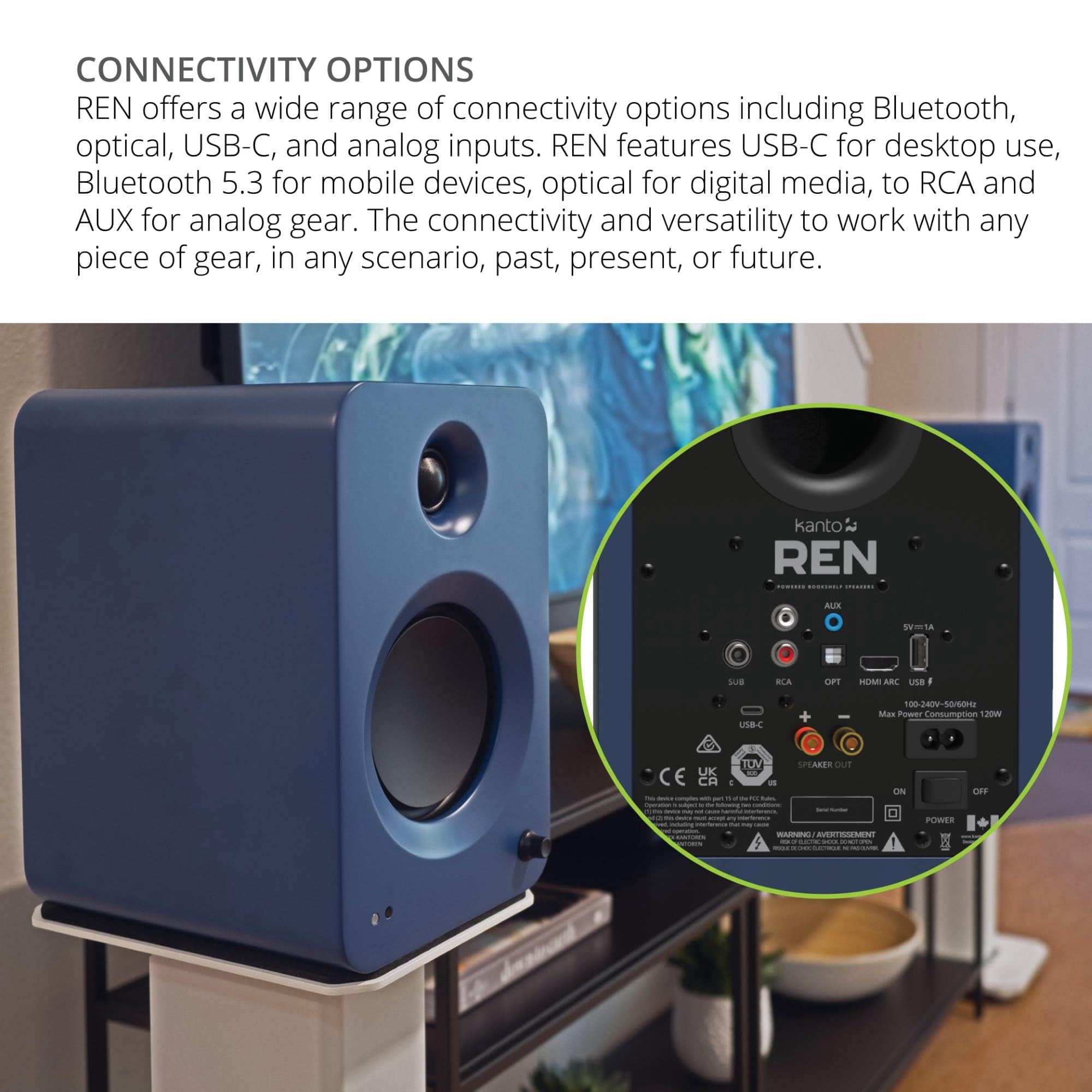 Kanto REN BLUE Bluetooth Powered Bookshelf Speakers - Matte Blue Pair with a Kanto SUB8VMB Sealed Powered 8" Subwoofer - Vinyl Black (2024)