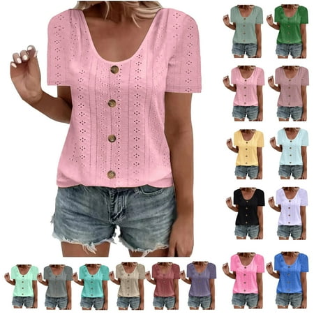 Plus Size Blouse for Women Ndbuld Womens Fashion Summer Short Sleeve Round-Neck Solid Casaul Tops T-shirt Christmas Clearance Pink XL