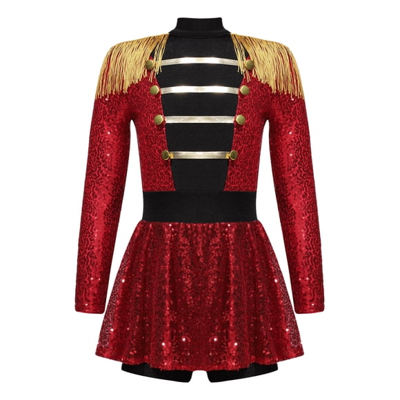 Ocealan Kids Girls Drummer Costume Sequins Tassel Dance Leotard Dress School Majorette Uniform Red 6