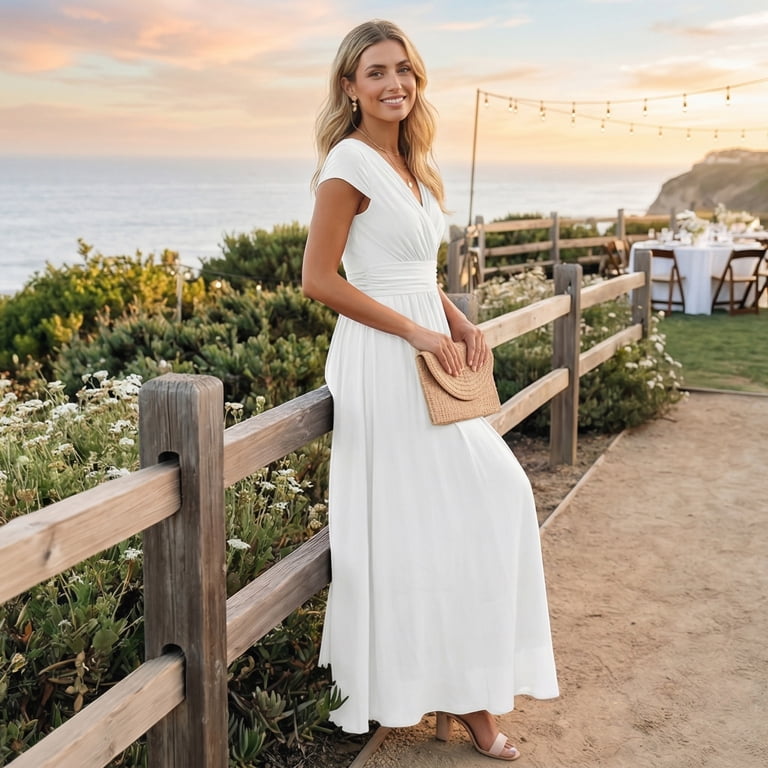 a line maxi wedding guest dress Bbyeadc Guests Dresses for Women 2026 Pleated A-Line Long V-Neck Formal Evening Party Ball Gown Outfit,White (M) SIZE:XS cup B