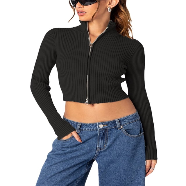 Ladies‘ Fitted Short Knitted Sweater in Solid Color with Zipper Closure