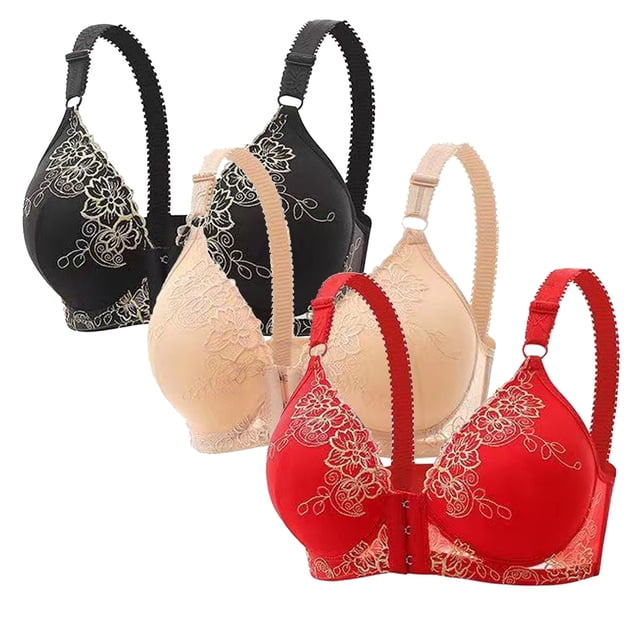 DecSea 3PC Women's Large Lace Breathable Front Opening Bra Wrapped Up Cup Side Fold Breast Lift Bra