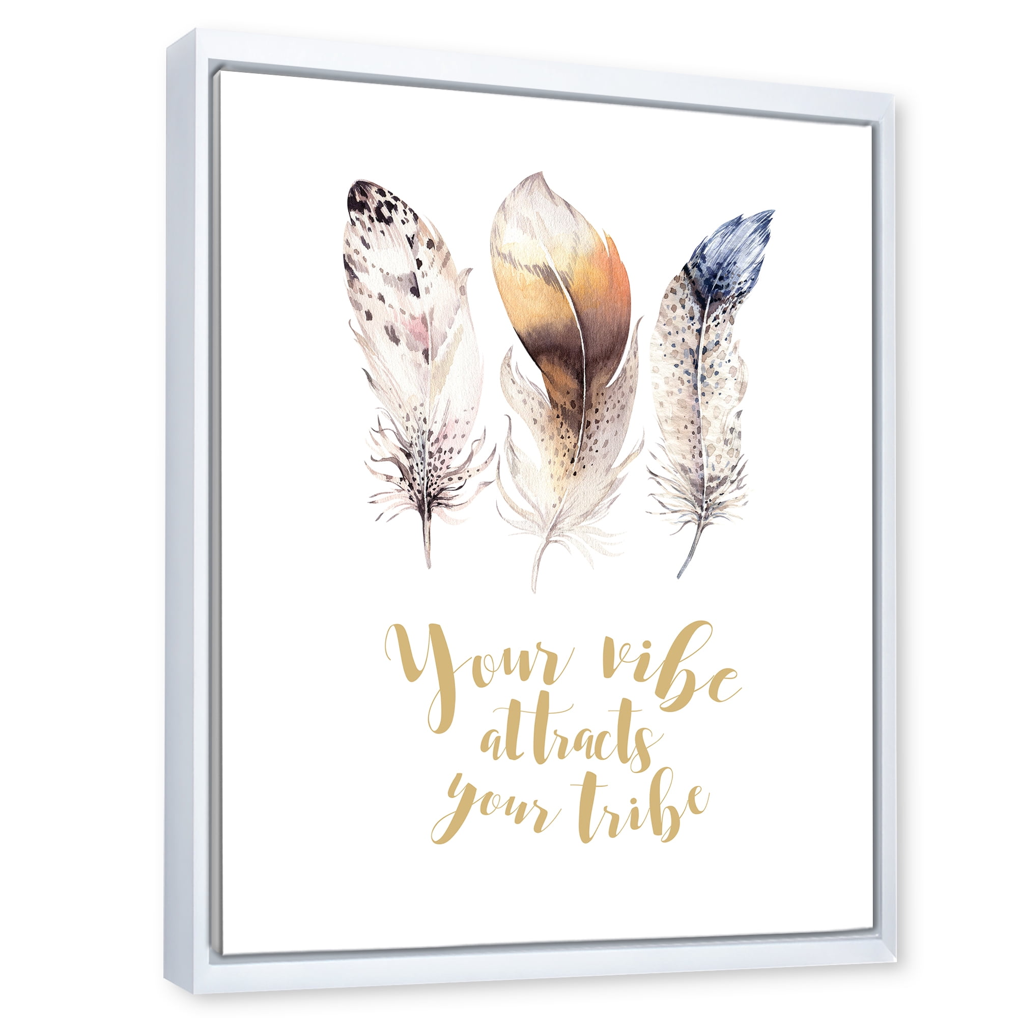 Designart 'Multicolored Ethnic Art Feathers With Inspiring Quote' Bohemian & Eclectic Framed Canvas Wall Art Print