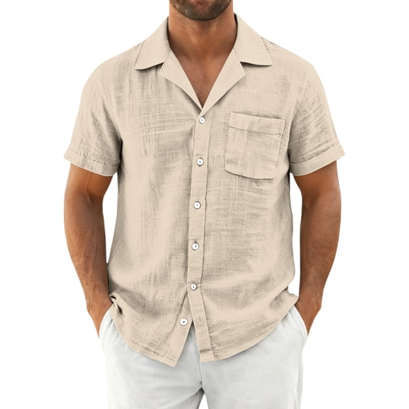 LTTVQM Mens 2026 Casual Short Sleeve Button Down Shirts Cuban Linen Textured Shirt Summer Beach Wear Beige L