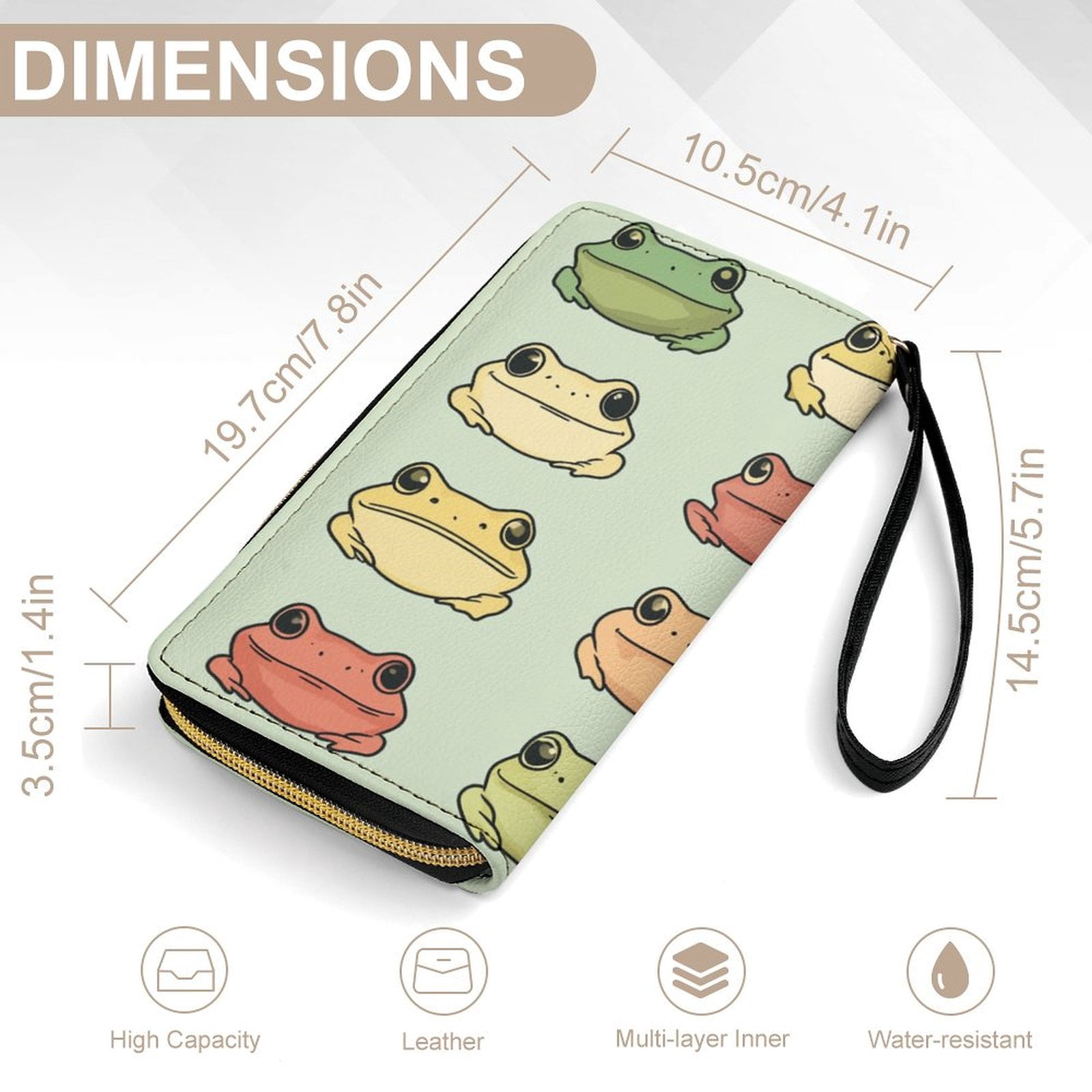 Womens Wallet Bifold Ladies Cluth Bag Wristlet Wrist Strap Long Purse Cute Frog Design