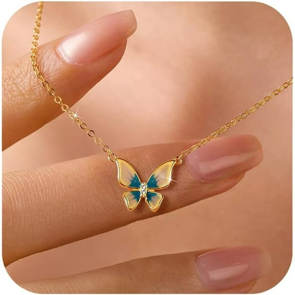 Cute Butterfly Necklaces for Women 14K Gold Plated Blue Enamel Butterfly Insect Choker Pendant Necklace 925 Sterling Silver CZ Charm Chain Necklace Jewelry Birthday Gifts to Daughter