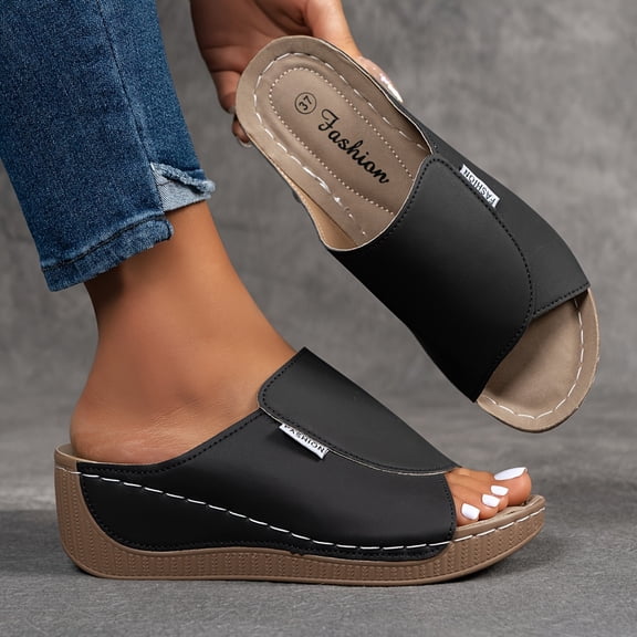 Wide Strap Wedge Slide Sandals Non-slip Soft Sole Shoes Lightweight Comfortable Summer Footwear Black 36
