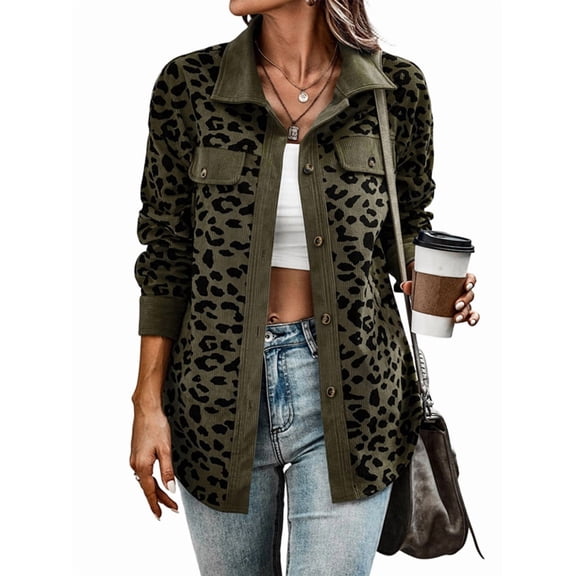 Women' Corduroy Leopard Jacket Button Down Long Sleeve Blouses Fall Jacket Casual Coat Army Green XXL