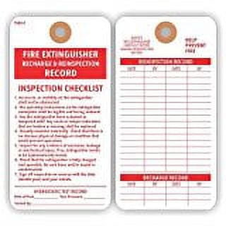 FIRE EXTINGUISHER RECHARGE & REINSPECTION RECORD Tags, 2 Sides with Checklist, 5.75" x 3", White Cardstock - Pack of 25 Tags