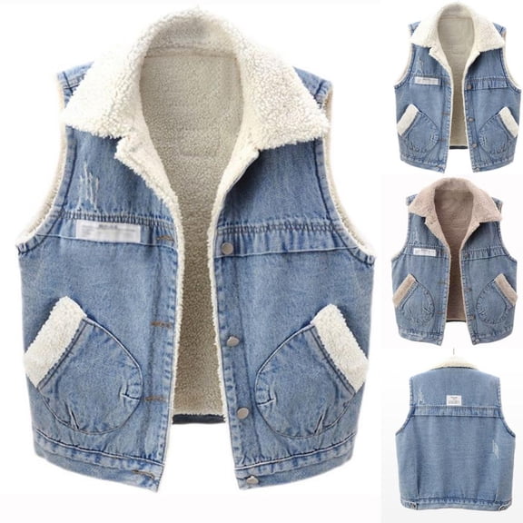 Mgmyaa Women's Fleece Lined Denim Vest Sleeveless Jean Jacket With Pockets Button Down Casual Outerwear