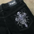 thumbnail image 4 of Pantalones vaqueros holgados de cintura baja con estampado de calaveras y bolsillos estilo Harajuku de High Street, pantalones anchos negros lavados con estilo hip hop Y2K para patinetas, 4 of 4